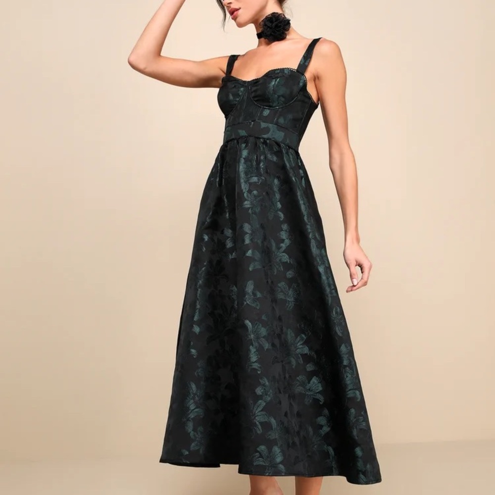 NWT Lulus Dramatically Romantic Black Floral Jacquard Bustier Midi Dress Size L